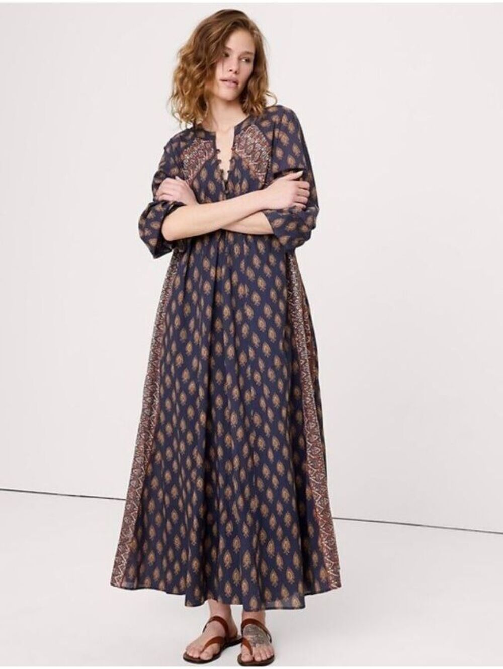 Banana Republic lightweight cotton kaftan maxi dress navy blue Paisley